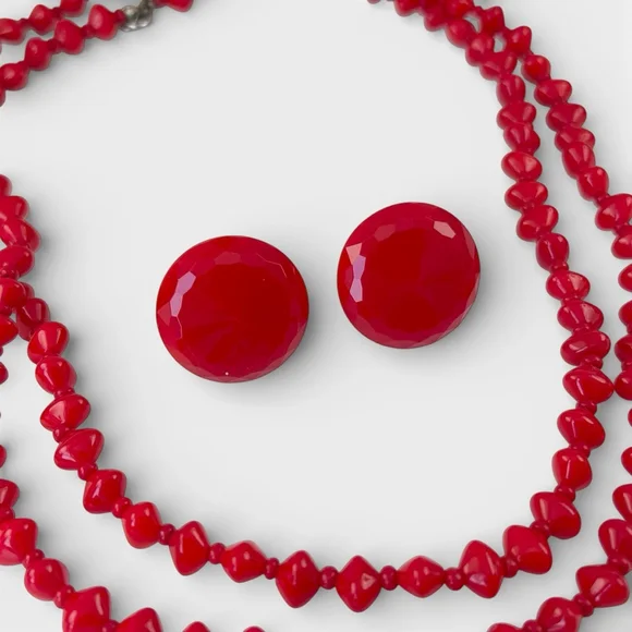 Vintage Czech Red Glass Necklace Set Bohemian Art Deco Flapper Style Jewelry - Picture 4 of 7